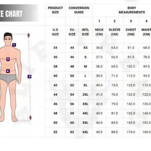 May include: A size chart table featuring a diagram of a human figure with numbered measurement points for neck, sleeve, chest, waist, and height. The chart lists U.S. sizes 34 to 52, EU sizes 44 to 62, and international sizes from XS to 6XL in centimeters.