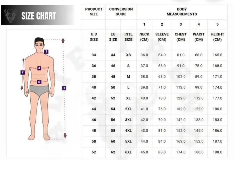 May include: A size chart table featuring a diagram of a human figure with numbered measurement points for neck, sleeve, chest, waist, and height. The chart lists U.S. sizes 34 to 52, EU sizes 44 to 62, and international sizes from XS to 6XL in centimeters.