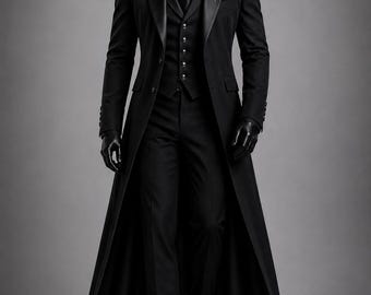 Mens Gothic Tailcoat Black Victorian Frock Coat Vampire Groom Wedding Suit Long Prince Formal Coat Custom Handmade Regency Aristocrat Attire
