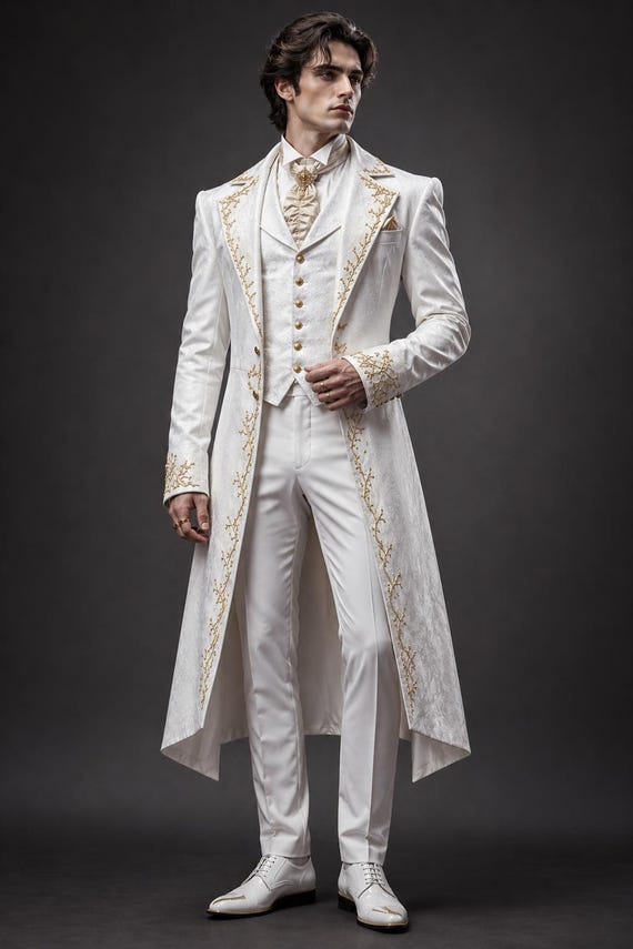 White Victorian Tailcoat Suit Men, Royal Wedding Tuxedo, Gold Embroidered Groom Suit, Prince Style Formal Outfit, Luxury Tailcoat for Mens