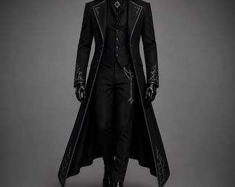 Men Black Gothic Tailcoat Victorian Long Coat Steampunk Frock Coat Dracula Vampire Wedding Suit Aristocrat Formal Tuxedo Handmade Jacket