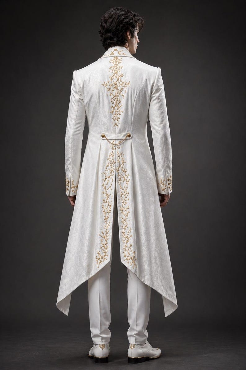 May include: A white tailcoat jacket featuring intricate gold embroidery along the back panel and cuffs, paired with matching white trousers and white shoes. The jacket includes a decorative gold chain detail across the waist and a high collar.