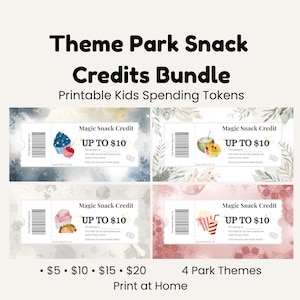 Printable Theme Park Snack Credits Bundle | Kids Vacation Spending Tokens (Digital Download)