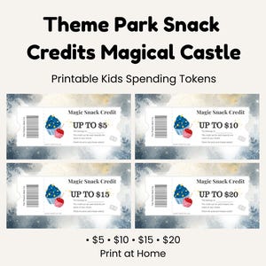May include: Printable "Theme Park Snack Credits Magical Castle" tickets. Each ticket features a cupcake graphic and states "Magic Snack Credit" with values up to $5, $10, $15, and $20. The text "Print at Home" is also included.