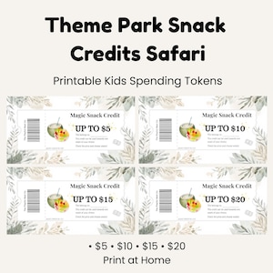 May include: Theme Park Snack Credits Safari printable kids spending tokens. The image shows four "Magic Snack Credit" tickets with values up to $5, $10, $15, and $20. Each ticket features a barcode, a tropical fruit illustration, and text.
