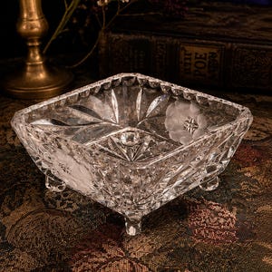 Vintage Diamond Cut Glass Dish | Frosted Floral Footed Bowl | Altar Vanity Decor