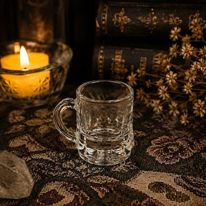 May include: A small, clear glass mug featuring a thick base and a textured, paneled exterior design. The mug has a single curved handle on the side and a smooth, circular rim at the top, crafted from transparent glass with a sturdy, compact construction.