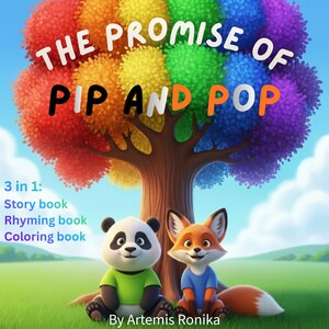 Op de afbeelding: Kinderboekcover met een kleurrijke boom in regenboogkleuren en de titel "THE PROMISE OF PIP AND POP". Onder de boom zitten een panda en een vos. Het boek wordt aangeprezen als een verhalen-, rijmpjes- en kleurboek.