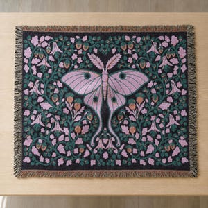 Heksenachtige deken | Mottendeken geweven plaid met distel, eik en akelei | Lila en turquoise jacquard tapijt | Katoen | 60 x 50 cm
