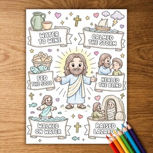 Miracles of Jesus Coloring Page for Kids, Jesus Walks on Water, Feeds 5000, Heals the Blind, Sunday School Bible Lesson