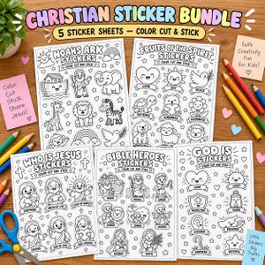 May include: Five black and white sticker sheets featuring Christian themes including Noah's Ark, Fruits of the Spirit, Jesus, Bible heroes, and God's attributes. Each sheet contains various line art illustrations to color, cut, and stick.