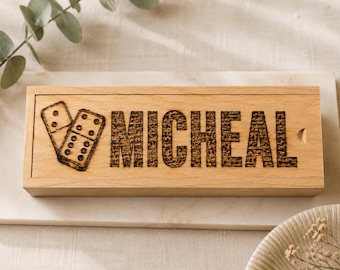 Hand Burned Personalised Domino Box with dominoes