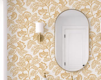 Mustard Yellow Chintz Floral Wallpaper | Cottagecore Botanical Decor (Peel and Stick, Traditional, Type II)