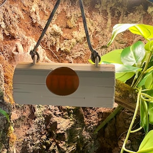 May include: A light-coloured, rectangular, hollow log-shaped hideout for small animals, featuring a circular entrance hole on the front face. The structure is suspended by a dark, braided cord attached to two plastic loops on the top surface.