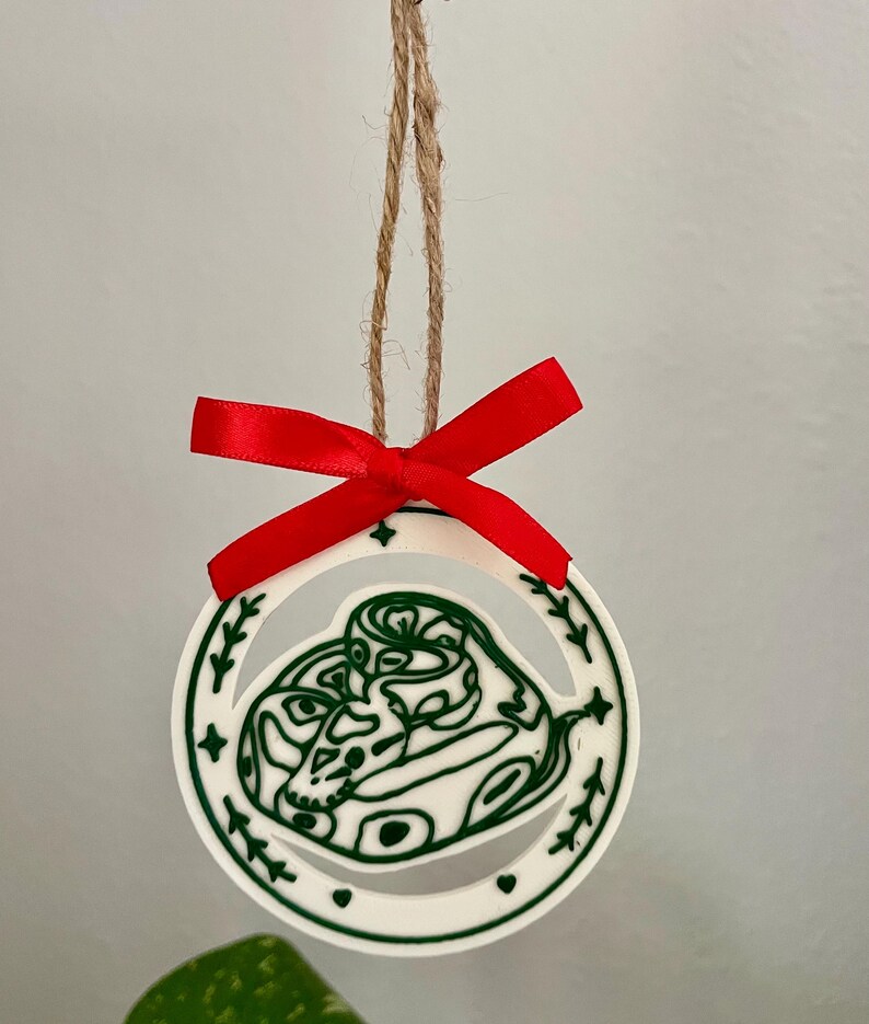 May include: A circular white ornament featuring a green line-art illustration of a coiled snake. The ornament is framed by a border with small leaf and star motifs, topped with a bright red ribbon bow and a natural jute twine loop for hanging.