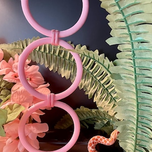 May include: A vertical arrangement of three interconnected light pink circular rings, each linked by a small matching pink cord. The rings are positioned in front of artificial green fern leaves and pink flowers, with a small orange and white snake visible.