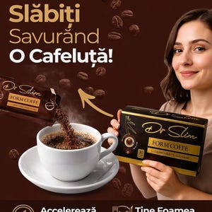 Peut inclure: Une boîte de Dr Slim Form Coffe avec L-Carnitina si Cicoare, un sachet versant du café dans une tasse blanche, et le texte Slăbiti Savurând O Cafelută, Accelerează Metabolismul, Tine Foamea Sub Control sur un fond marron foncé.