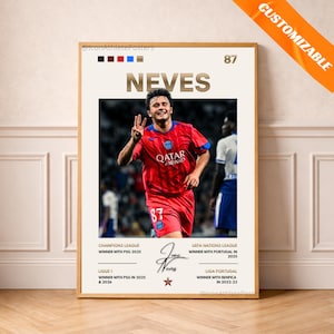 Pode incluir: Um poster emoldurado com um jogador de futebol com uma camisa vermelha, o nome "NEVES" e o número "87". O poster inclui os feitos do jogador, como "CHAMPIONS LEAGUE WINNER WITH PSG 2025". A palavra "CUSTOMIZABLE" também é visível.
