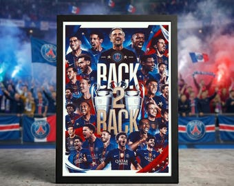Affiche de la Ligue des champions dos 2 dos champion du PSG, art mural Paris Saint-Germain, impression football, cadeau de fan de football
