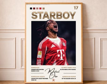 May include: Framed poster with a football player in a red and white jersey, the word "STARBOY" above his image. The poster includes text about his achievements, such as "BUNDESLIGA WINNER" and "OLYMPIC GAMES SILVER MEDAL".