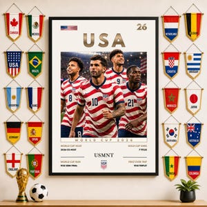Pode incluir: Um cartaz emoldurado com três jogadores de futebol em camisolas às riscas vermelhas e brancas com o texto USA, World Cup 2026 e USMNT. O cartaz é rodeado por pequenas bandeiras triangulares de vários países, um troféu dourado e uma bola.