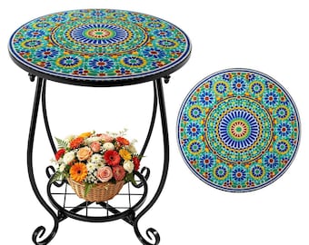 Mosaic Outdoor Side Table, Iron Patio Accent Table, Vibrant Pattern