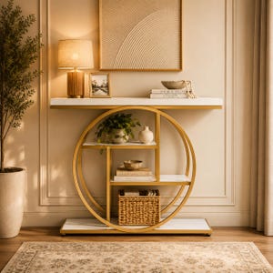 Console Table, 4 Tier Entryway Table, Circle Frame Sofa Table, Rustic Wood Hallway Table, Narrow Accent Table, Living Room Furniture
