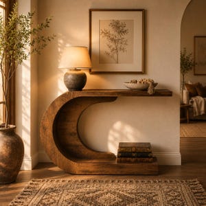 Modern C Shape Console Table, Rustic Wooden Entryway Table, Farmhouse Hallway Accent Table, Sofa Table, Living Room Console, Storage Shelf