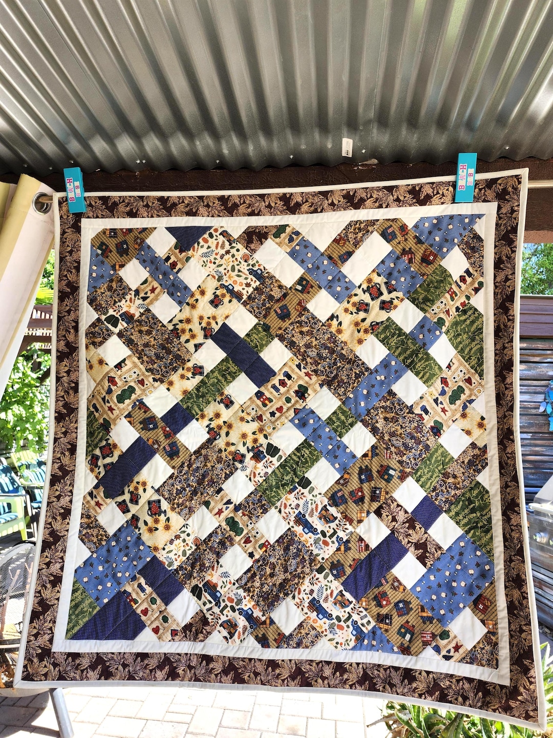 Pieced Patchwork Throw Quilt 44x44 Inches, Brown Blue Beige Fabric ...