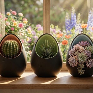 May include: Three black egg-shaped planters with different plants inside. The first contains a cactus, the second a succulent, and the third a collection of succulents. The planters sit on a wooden surface in front of a window.