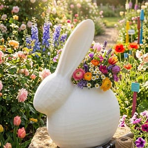 May include: A white ceramic bunny planter filled with colorful flowers, set against a backdrop of a vibrant garden. The bunny has a large ear and a round body, with a textured surface. A trowel and twine are on the stone surface.