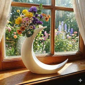 May include: A white ceramic crescent moon vase filled with a colorful bouquet of flowers. The flowers include yellow, purple, orange, and pink blooms. The vase sits on a wooden windowsill in front of a window with a garden view.