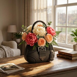May include: A black handbag-shaped vase filled with colorful flowers, including pink and peach roses and peonies. The vase has a silver buckle and a Prada logo. The arrangement sits on a wooden table near a window.