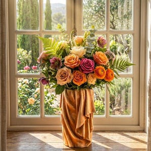 May include: A vibrant floral arrangement in a gold vase sits on a wooden windowsill. The bouquet features orange, pink, and peach roses, with green foliage. The vase has a draped fabric design, and a sunlit garden is visible through the window.