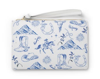Western Armband Clutch Reißverschluss Handtasche Accessoire Design Hufeisenmuster Cowboy Illustration Landhausstil Blaue Geldbörse Brieftasche Lässige Mode
