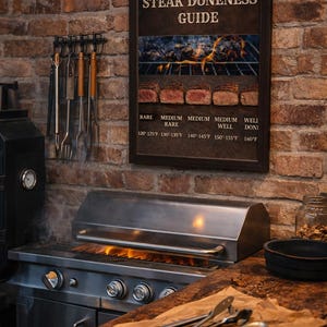Puede incluir: Una parrilla de acero inoxidable con llamas visibles, junto a una encimera de madera con utensilios para asar. Un "Gu&iacute;a de cocci&oacute;n de la carne" enmarcado cuelga de una pared de ladrillo, mostrando temperaturas de 49&deg;C a 71&deg;C.