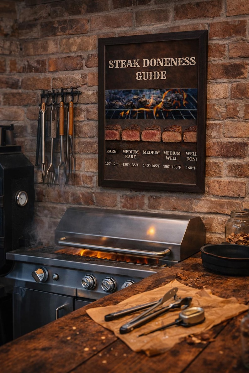 Puede incluir: Una parrilla de acero inoxidable con llamas visibles, junto a una encimera de madera con utensilios para asar. Un "Gu&iacute;a de cocci&oacute;n de la carne" enmarcado cuelga de una pared de ladrillo, mostrando temperaturas de 49&deg;C a 71&deg;C.