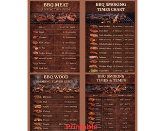 BBQ Temperature Cheat Sheet Bundle Printable, Smoking Times Chart, Meat Temp Guide, Wood Smoking Guide, BBQ Grill Reference