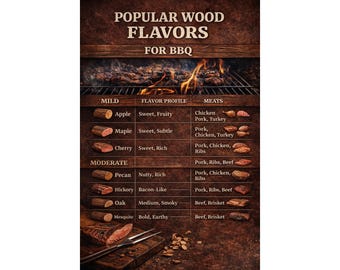 BBQ Wood Flavor Guide Printable | Smoking Wood Chart for Beef Pork Chicken | BBQ Smoker Cheat Sheet | Pitmaster Reference Poster