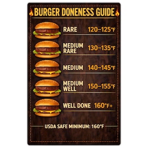 Può includere: Un cartello in legno con la scritta "BURGER DONENESS GUIDE" e illustrazioni di hamburger. Elenca le temperature per cottura al sangue, media al sangue, media, media ben cotta e ben cotta. È indicata anche la temperatura minima di sicurezza USDA.