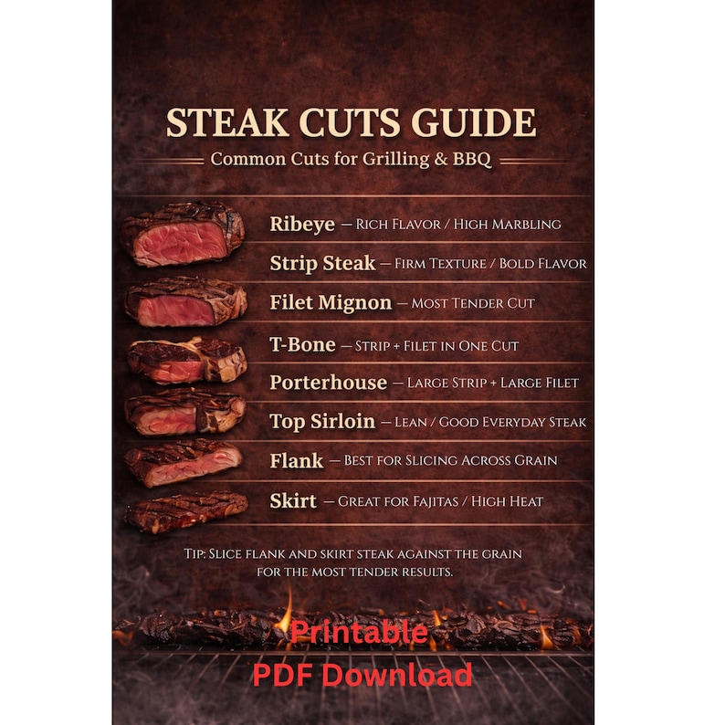 Steak Cuts Guide Poster, Grilling BBQ Reference Chart (digital Download ...