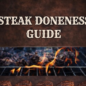 Puede incluir: Una gu&iacute;a de cocci&oacute;n de carne con el t&iacute;tulo en una fuente decorativa. La imagen muestra una parrilla con llamas y filetes cocinados. Los filetes est&aacute;n a la parrilla a la perfecci&oacute;n, con marcas de parrilla visibles. El fondo es una superficie marr&oacute;n oscuro texturizada.