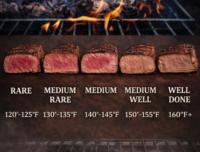 Puede incluir: Una gu&iacute;a visual de los puntos de cocci&oacute;n de la carne, mostrando cinco cortes con diferentes grados de cocci&oacute;n: poco hecha, media poco hecha, media, media bien hecha y bien hecha. Cada corte est&aacute; etiquetado con su temperatura interna en grados Fahrenheit.