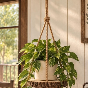 May include: A hanging plant stand featuring a circular wooden slice base with natural bark edges, suspended by thick tan rope cords. A white ceramic pot sits on the wooden base, containing a trailing green and yellow variegated pothos plant.