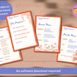 May include: Four wedding stationery cards with orange borders and floral accents. The cards include the program, dinner menu, drinks menu, and entourage details. Text includes "Mark & Hannah" and "No software download required!"