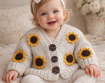 Cárdigan de girasol para bebé tejido a mano - Suéter para niña pequeña hecho a mano - Cárdigan de girasol para bebé hecho a mano - Suéter de punto para bebé niña pequeña
