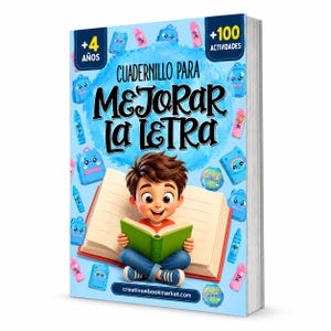 May include: A softcover activity book titled Cuadernillo para mejorar la letra with a light blue cover featuring a cartoon child reading a book, surrounded by small illustrations of backpacks, crayons, and globes, plus text +4 años and +100 actividades.