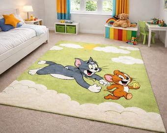 Tom and Jerry Kids Rug | Cartoon Area Rug | Kids Room Carpet | Handmade Tufted Rug | Soft Playroom Rug | Nursery Decor Carpet