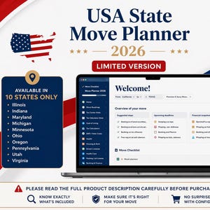 Puede incluir: Una computadora portátil muestra la interfaz "USA State Move Planner 2026". La imagen incluye un mapa de EE. UU. con la bandera estadounidense y una lista de 10 estados. El texto dice "Limited Version".