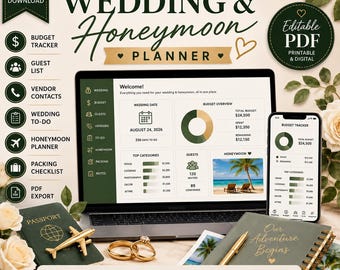 Planificateur de mariages et de lunes de miel | Budget, liste d'invités, suivi des fournisseurs (exportation au format PDF)